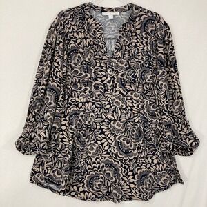 Juniper + Lime Blouse 2X Floral Roll Tab Sleeve Henley Preppy Stretch Knit